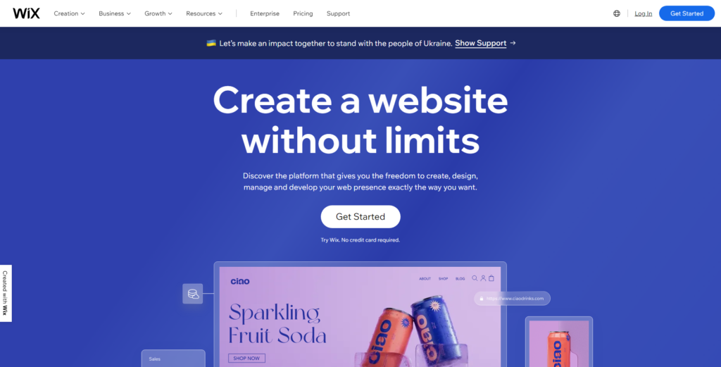 screenshot of wix.com website