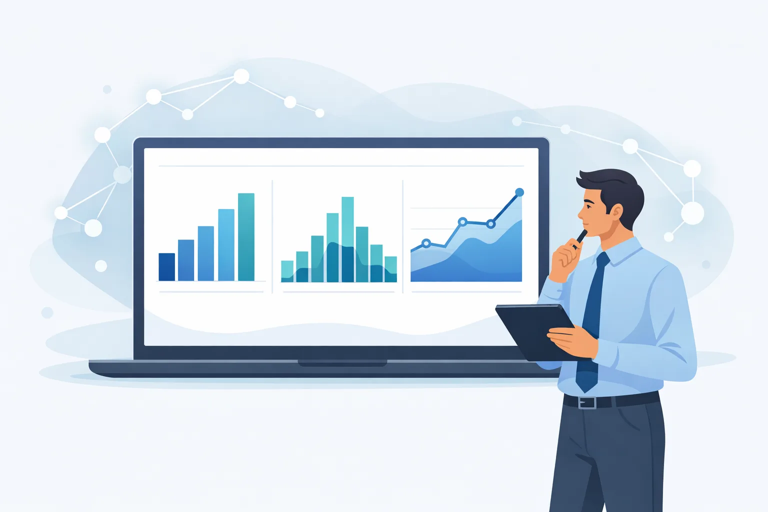 AI data analytics explorer with abstract charts and human review